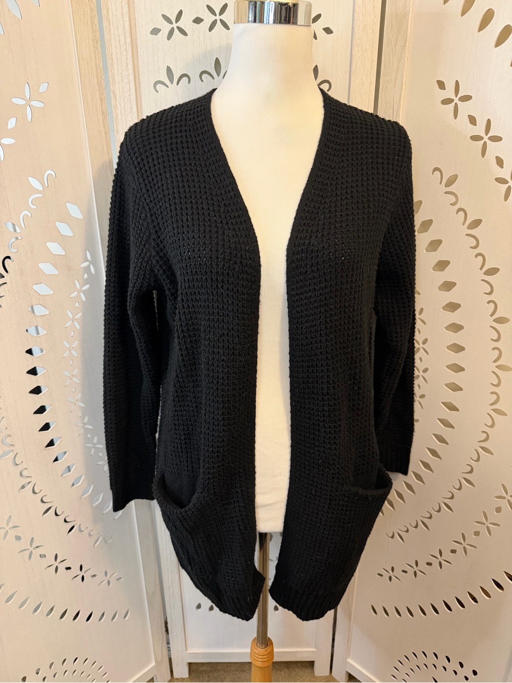 Black Open-Front Waffle Knit Women's Cardigan